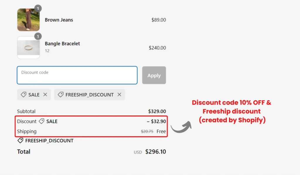 Shopify stacking discounts: Order discount and Free shipping