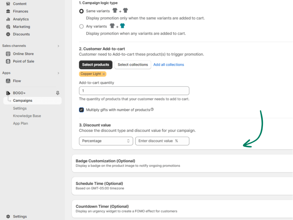 How To Make a BOGO Sale on Shopify? Step 4: (Optional) Customize the badge, schedule duration, or explore
