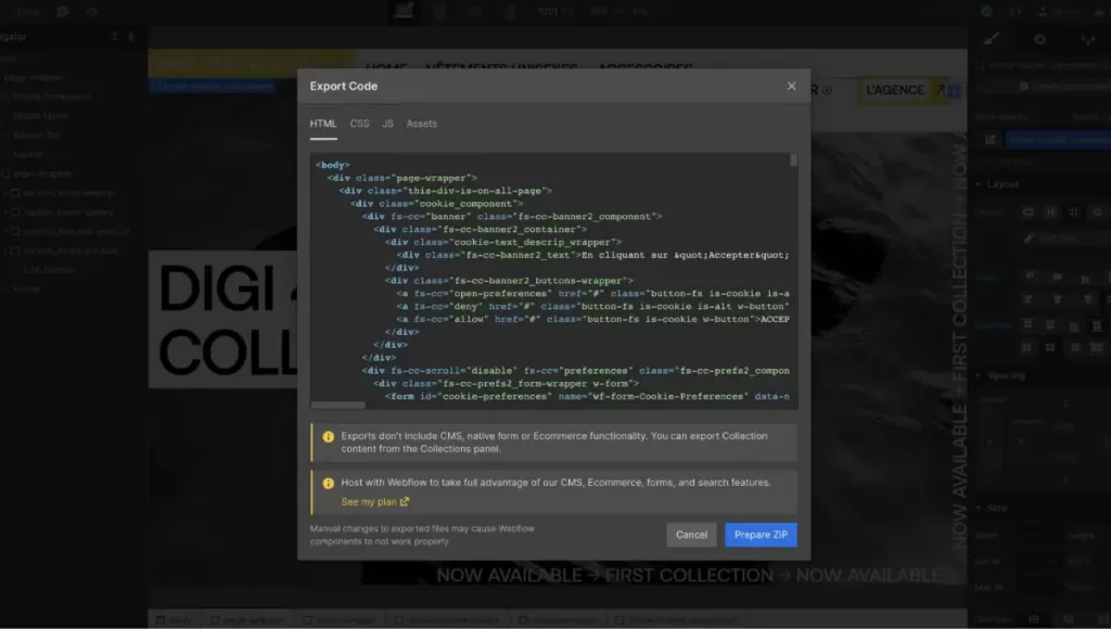 export webflow to migrate to shopify