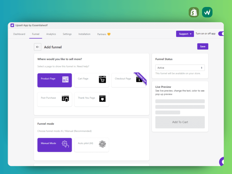 Shopify free upsell app, essentialwolf app