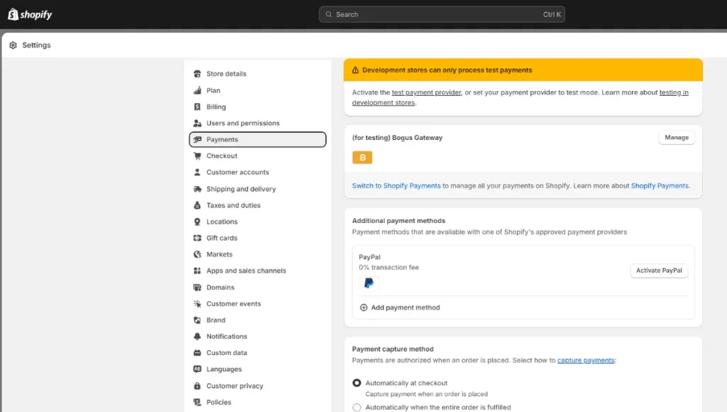 setting tax and payment on shopify