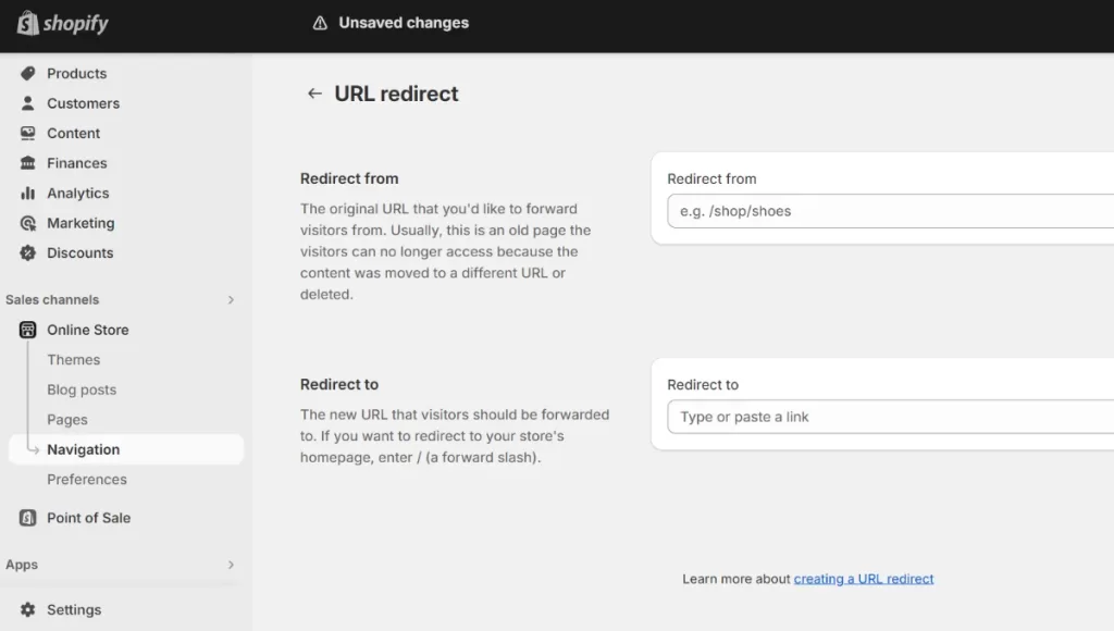 create url redirect to shopify