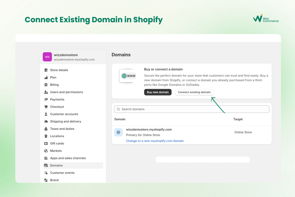 connect existing domain on shopify
