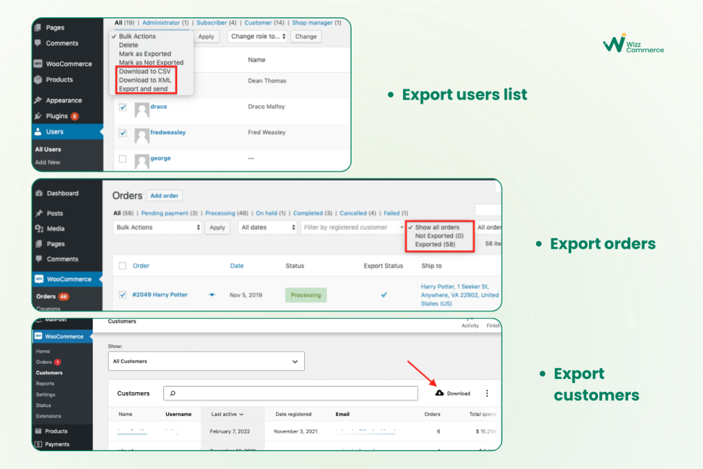 export customers, orders and reviews