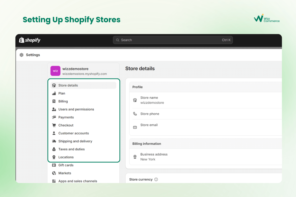 setting up payment shipping, currency on shopify