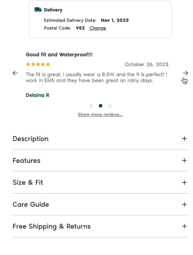 Review Carousel in Buy Box Vessi example shopify
