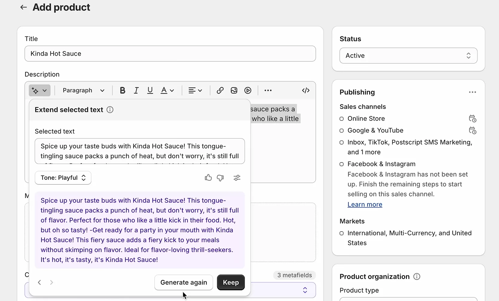 Shopify Magic generates product description by Ai