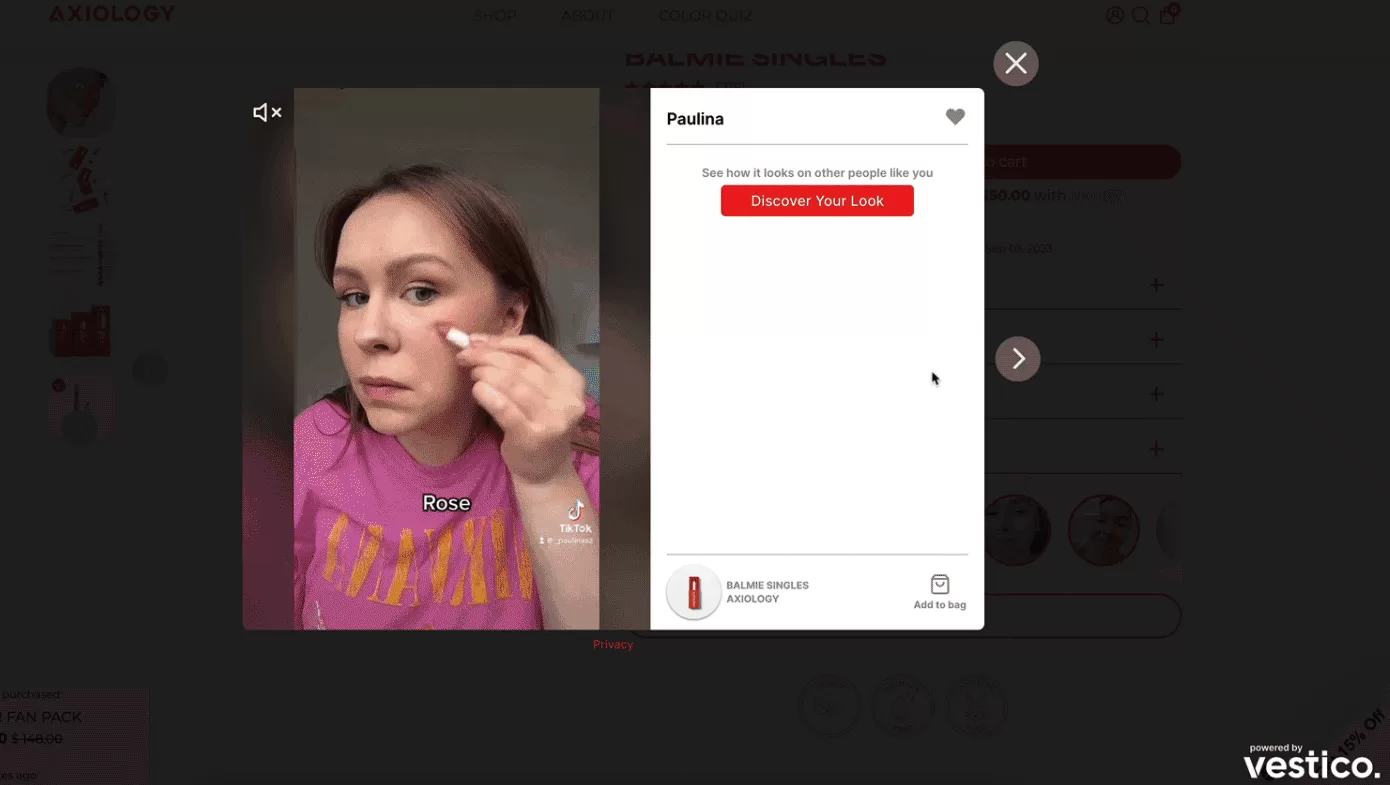 Axiology: Incorporates a UGC carousel using Vestico to display customer images and testimonials right next to the product details