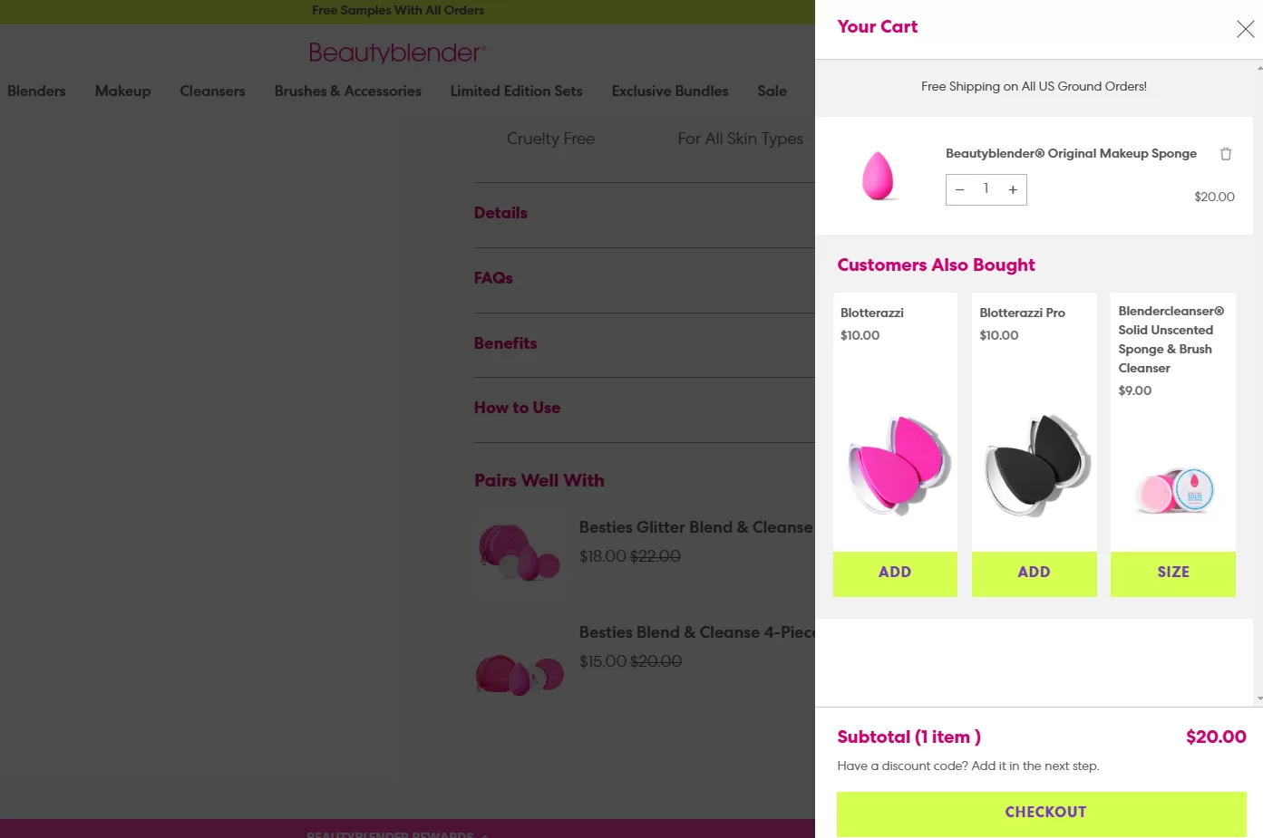 Beautyblender: Example of a Top Dropshipping Store in the Beauty Category cart drawer upsell