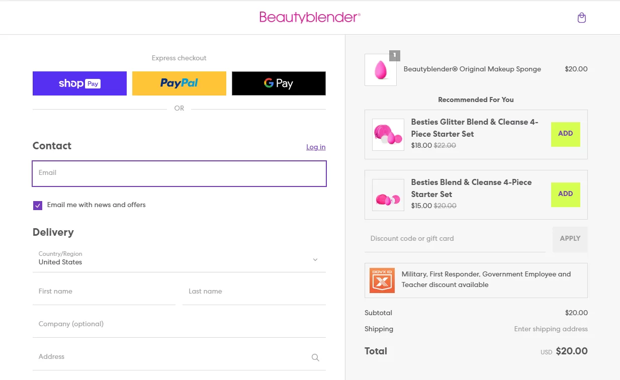 Beautyblender: Example of a Top Dropshipping Store in the Beauty Category Check out upsell, teacher adn military discount code
