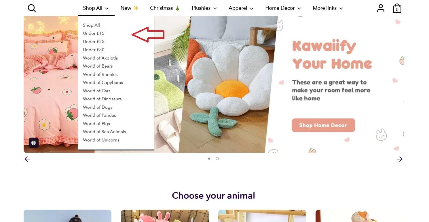 Kawaiies: Example of a Creative Shopify Dropship Store Navigation Bar