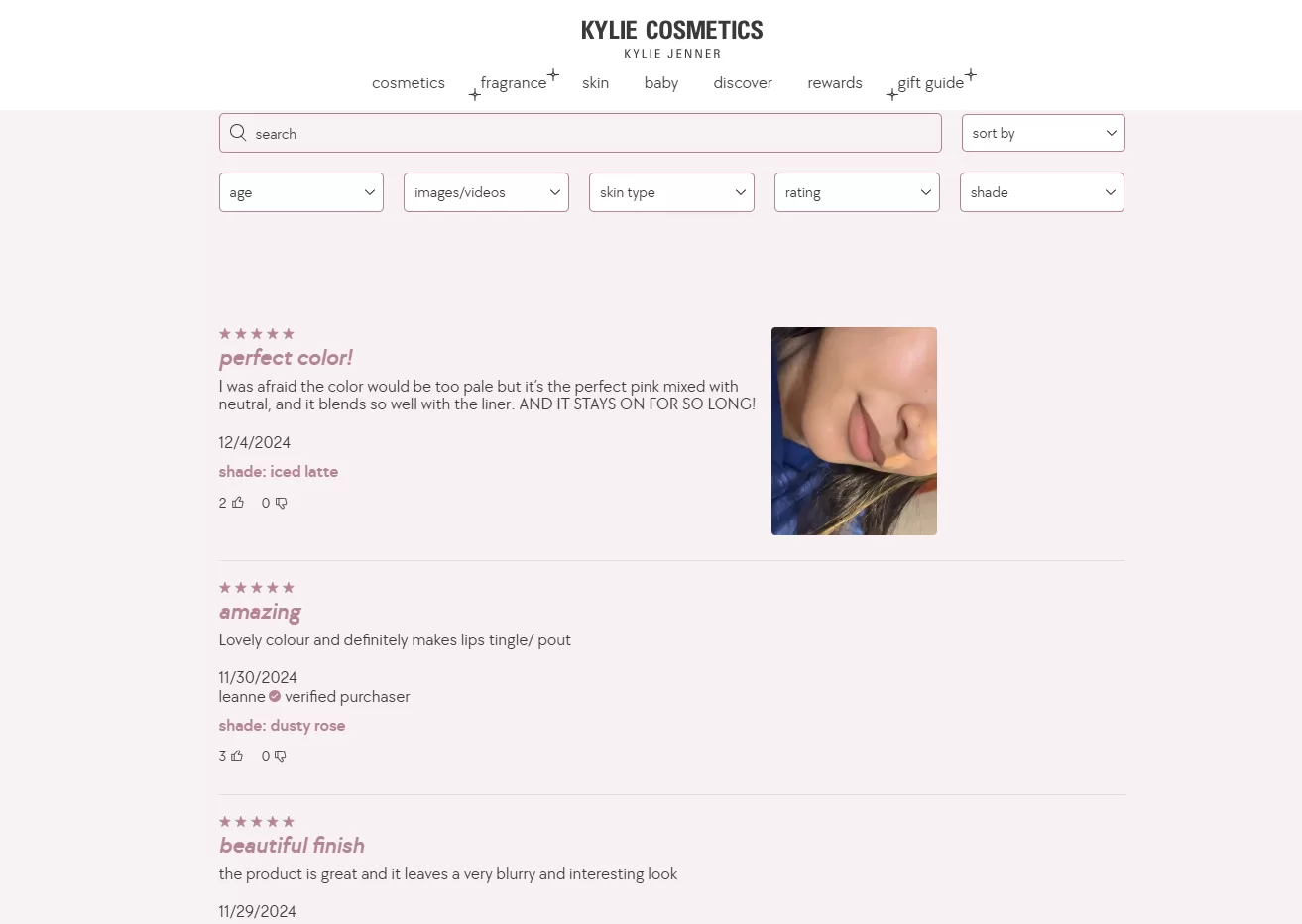 Kylie Cosmetics allows buyers to filter reviews by age, skin tone, and skin type, making it easier to find suitable products