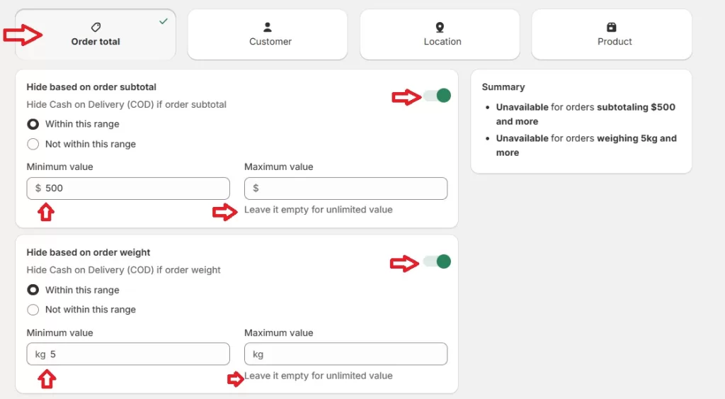 Setting a Limit COD by Minimum/Maximum Order Value & Weight​