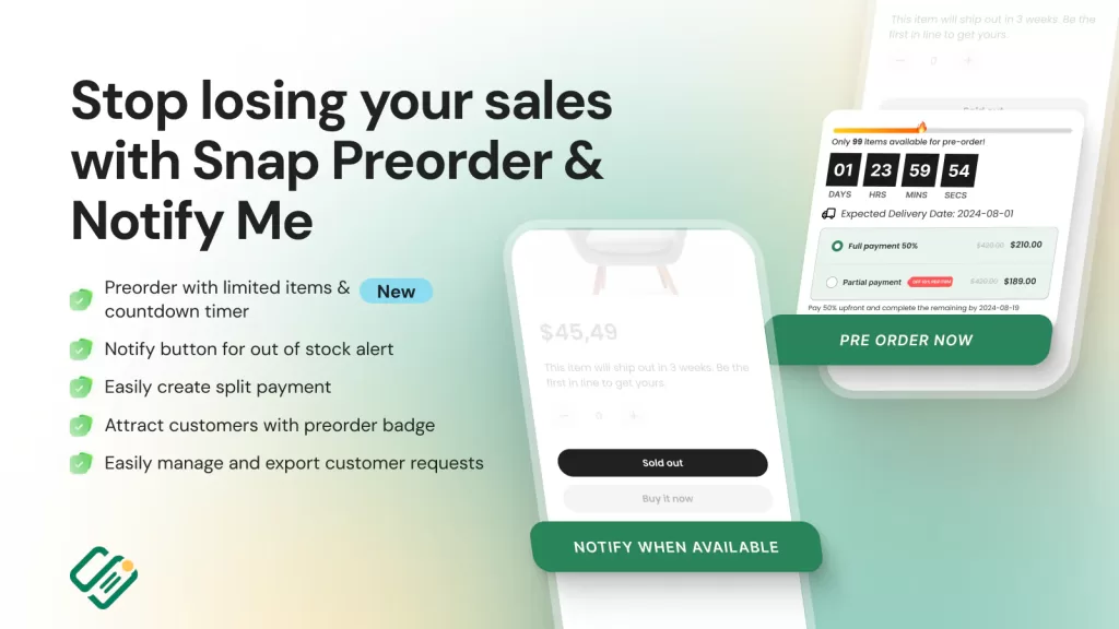 snap preorder and notify when back in stock shopify app with partial payment